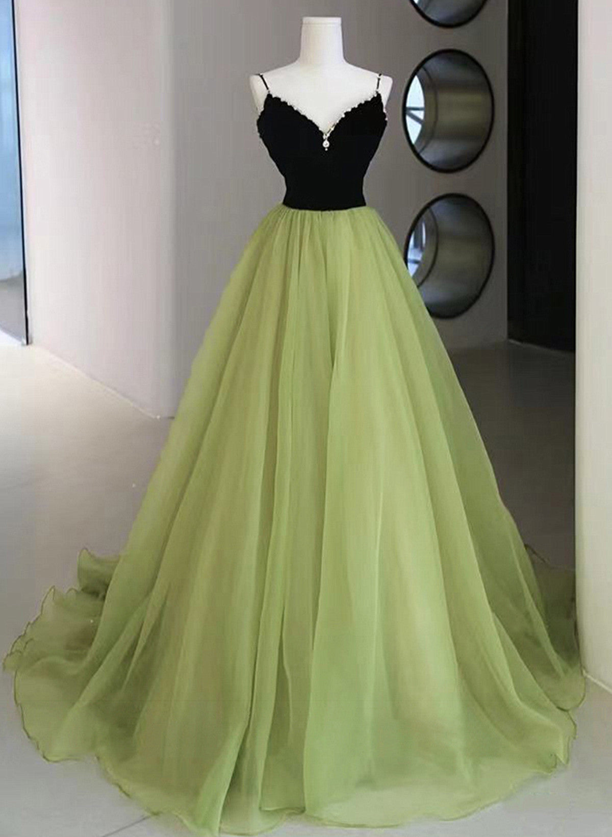 A-line Green and Black Long Beaded Party Dress, Green Long Formal Dres