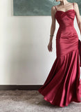 Beautiful Wine Red Satin Straps Long Evening Dress Prom Dress, Wine Red Party Dress