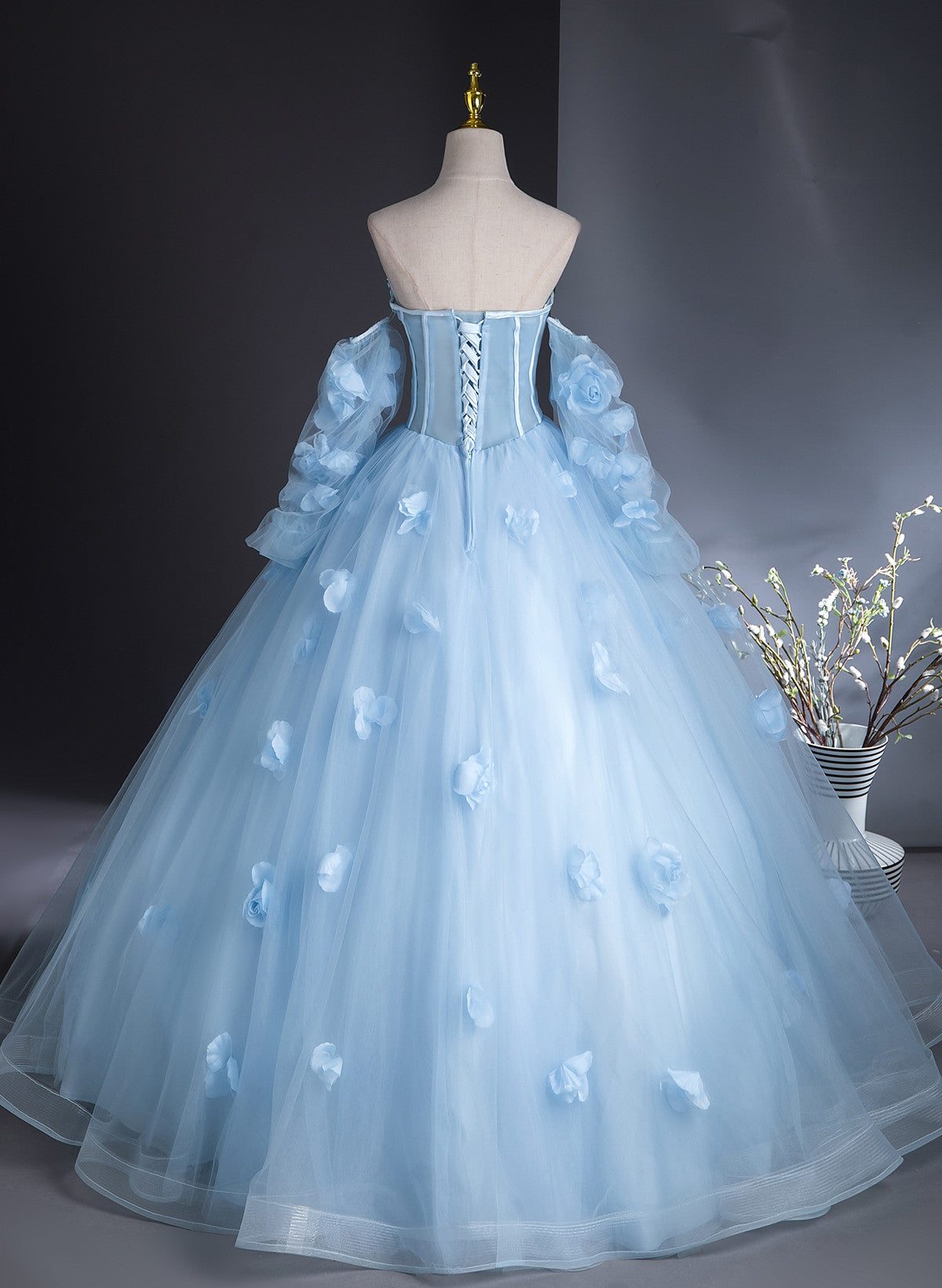 Cute Blue Tulle With Flowers Long Formal Dress, Blue Evening Gown Sweet 16 Dress