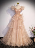 Cute A-line Shiny Tulle with Lace Off Shoulder Party Dress, Long Floor Length Prom Dress