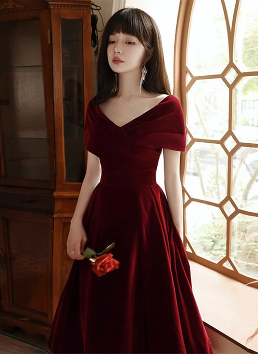 Wine Red Velvet Tea Length Off Shoulder Party Dress, Wine Red Prom Dress