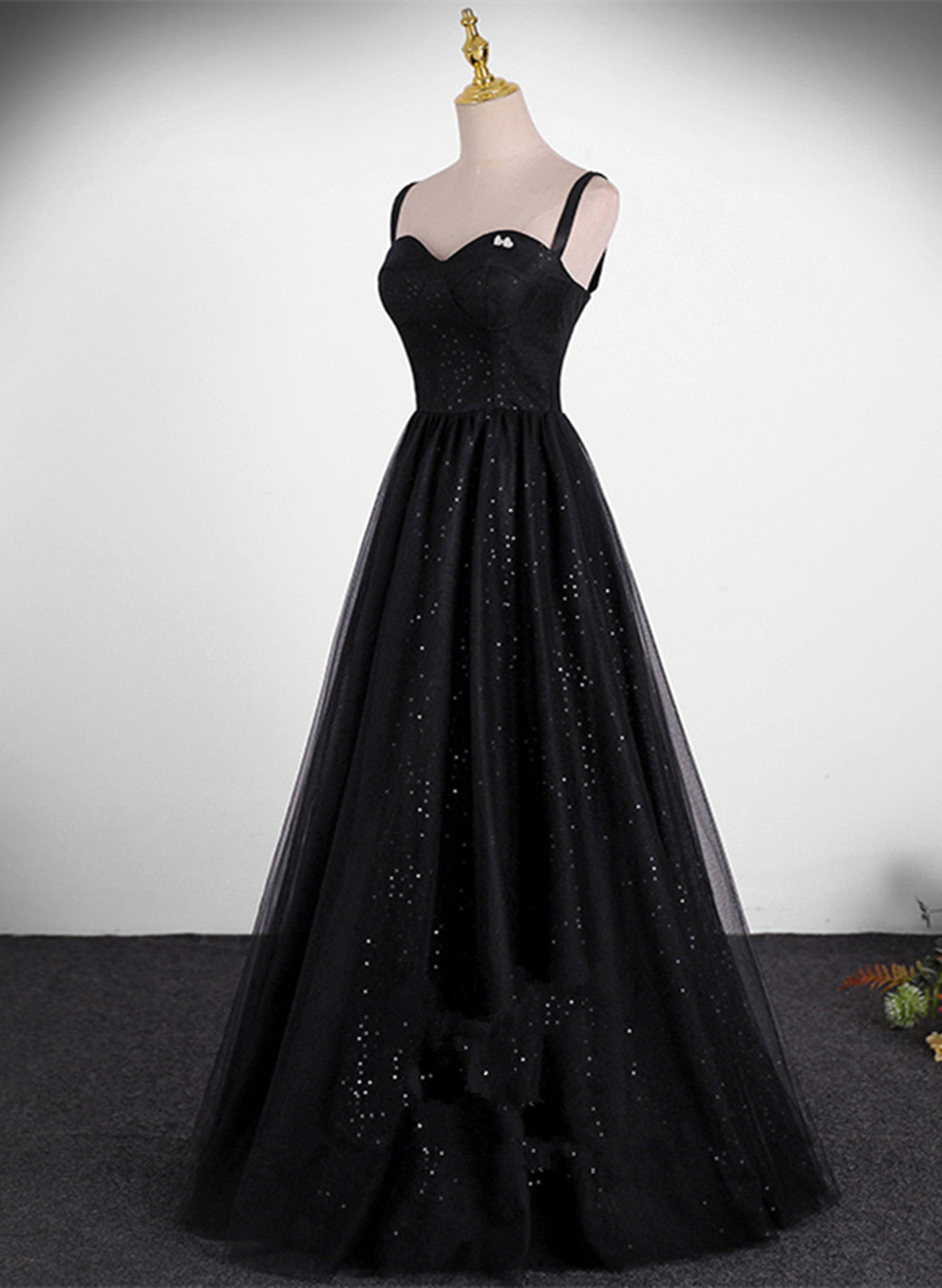 A-line Sweetheart Black Tulle Long Formal Dress, Black Simple Prom Dre