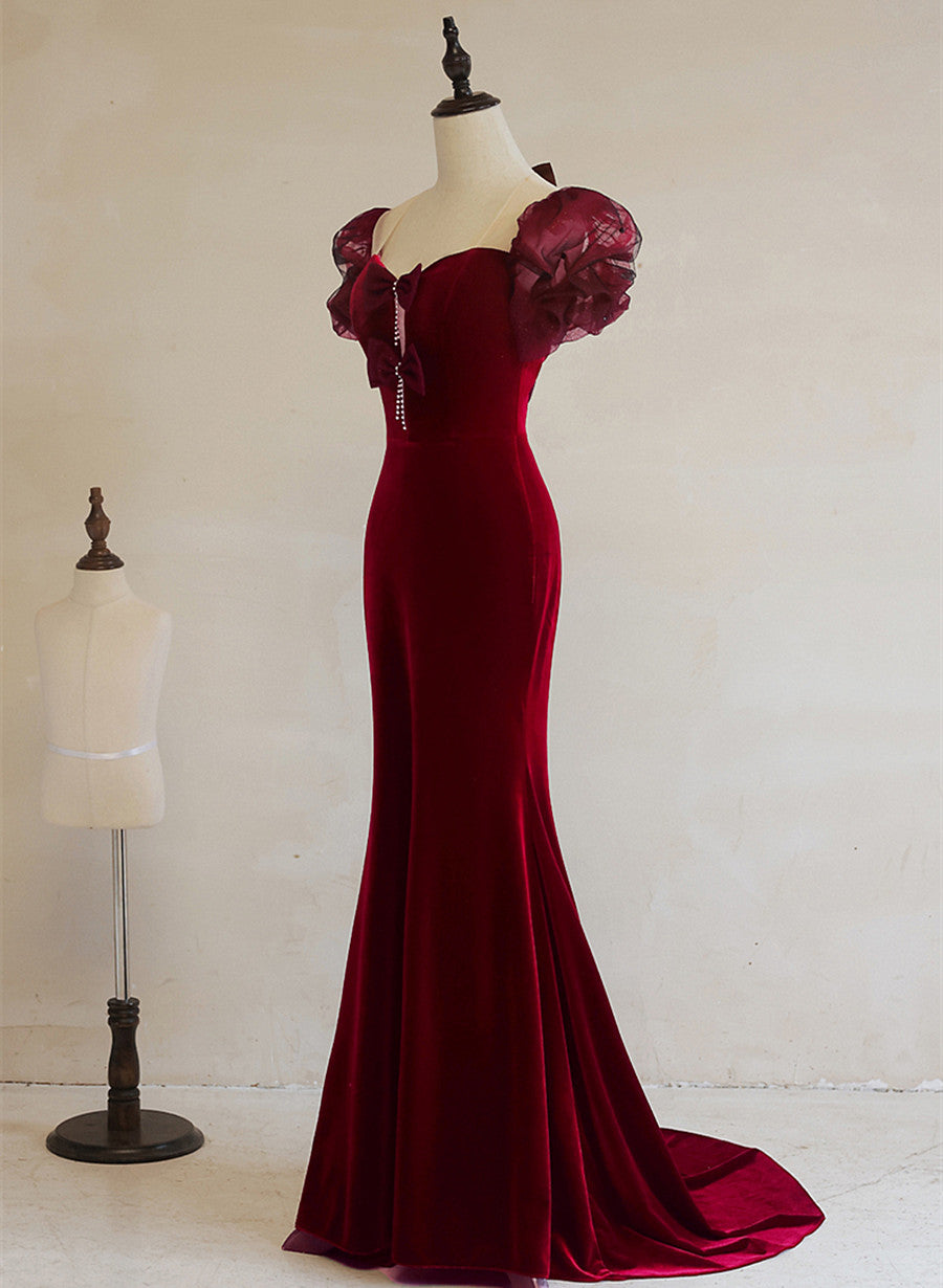 Wine Red Mermaid Long Velvet Wedding Party Dress, Wine Red Prom Dress Formal Dress