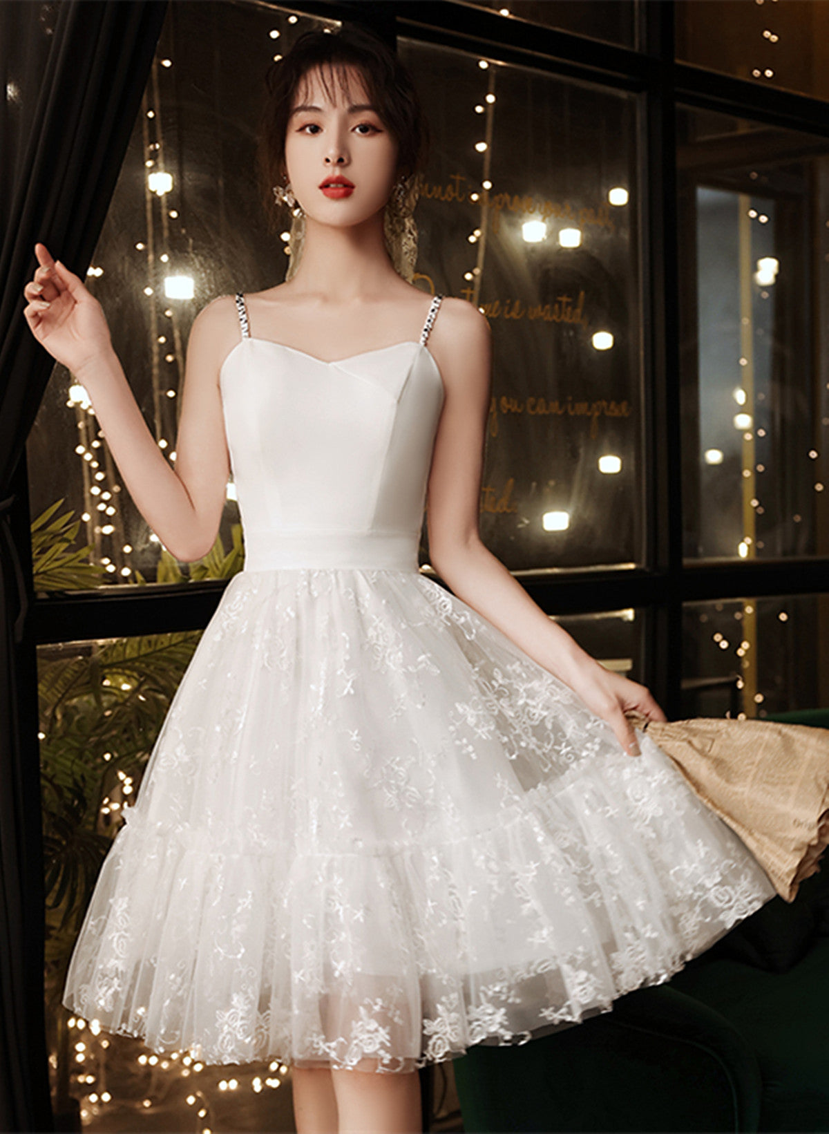 White Satin And Lace Straps Short Party Dress, White Lace Homecoming Dress