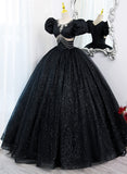 Black Tulle Beaded Short Sleeves Prom Dress, Black Tulle Formal Dress