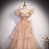 Cute A-line Shiny Tulle with Lace Off Shoulder Party Dress, Long Floor Length Prom Dress