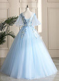 Light Blue Ball Gown V-neckline Puffy Sleeves Party Dress, Light Blue Sweetheart 16 Dress