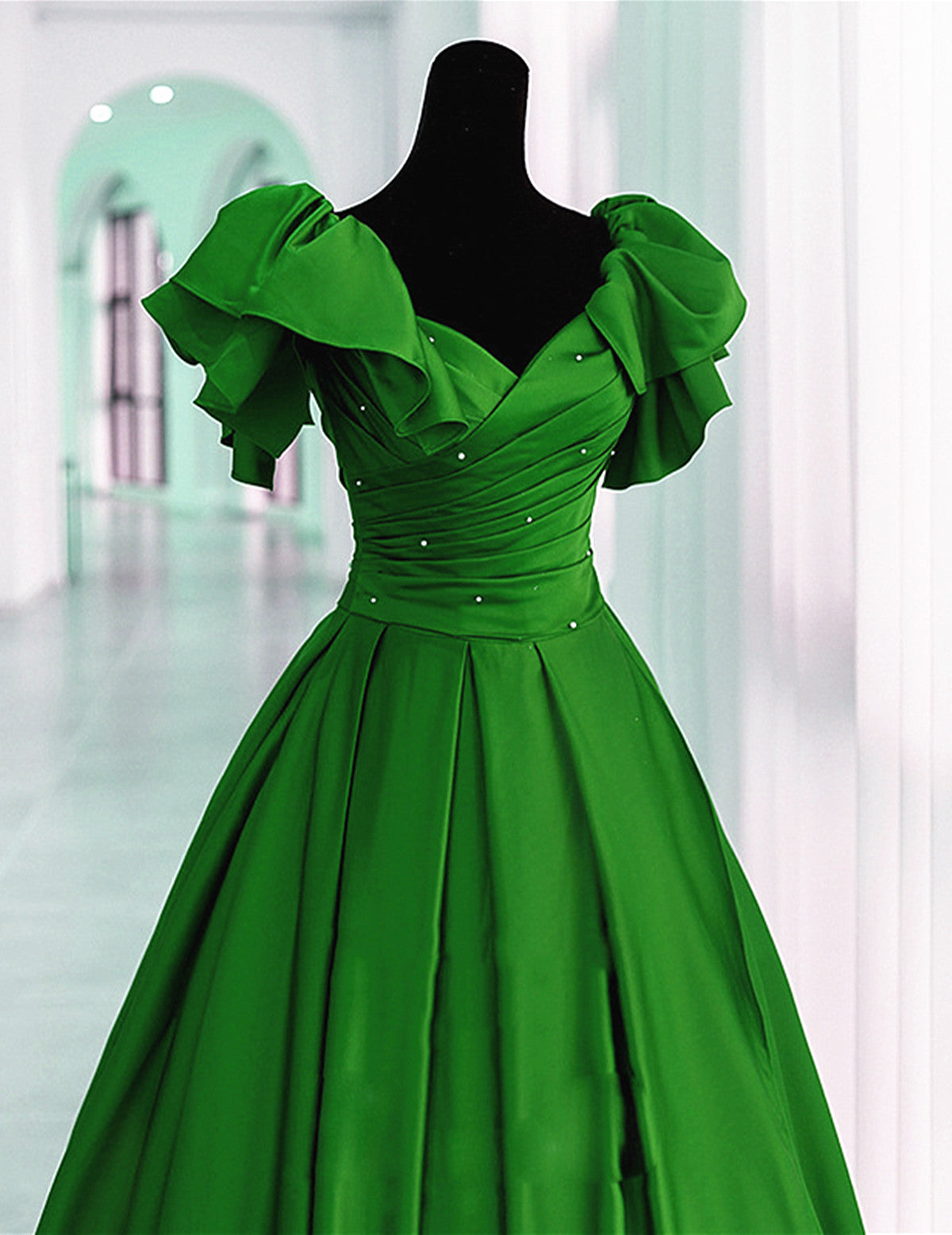 Green Satin Long Party Dress, A-line Green Prom Dress Evening Dress