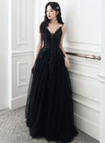 Black Tulle V-Neckline Straps Long Party Dress, Black Beaded Tulle Prom Dress