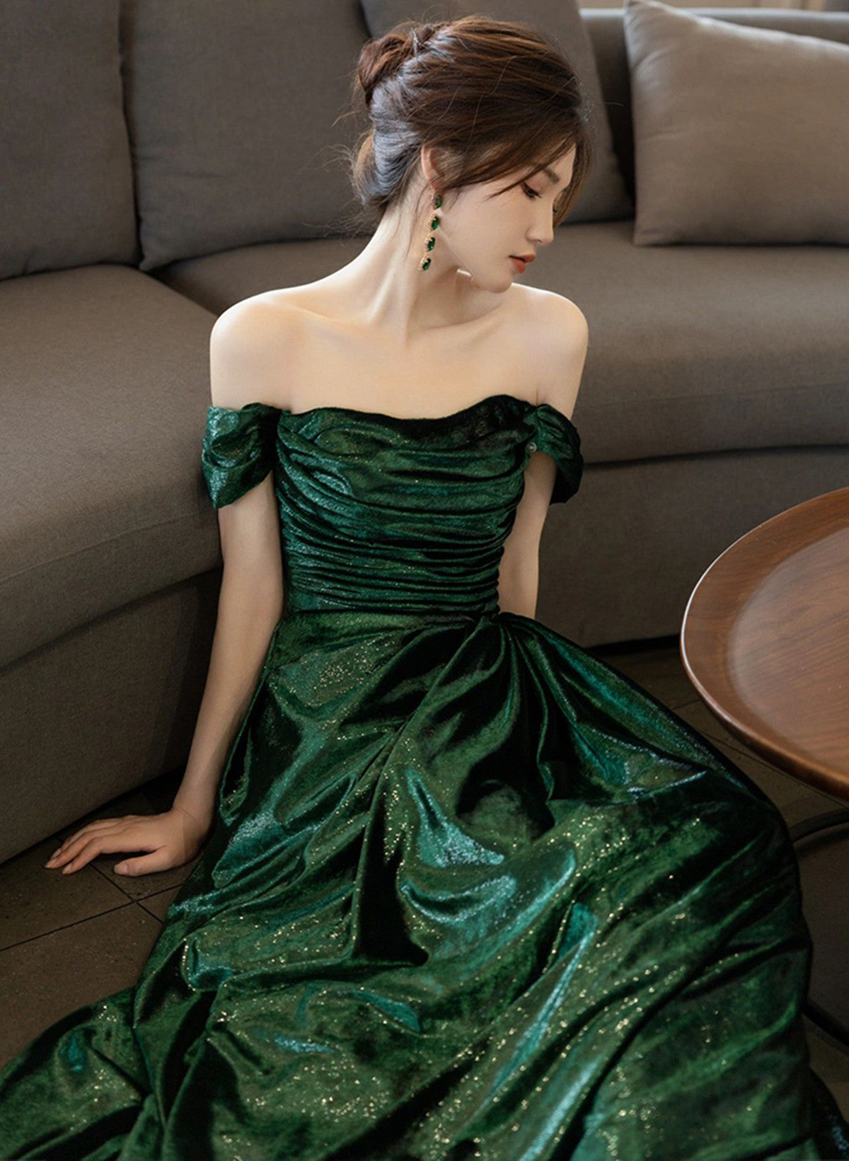 A-line Green Off Shoulder Simple Evening Dress, Green Long Prom Dress