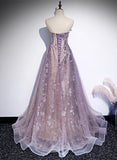 Light Purple Tulle with Lace A-line Party Dress, Purple Long Formal Dress Evening Dress