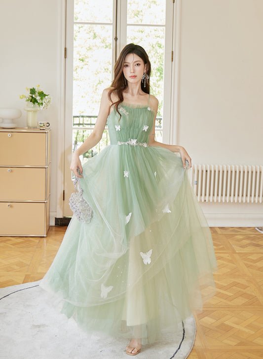 Green Tulle Straps Long Prom Dress, Light Green A-line Floor Length Party Dress