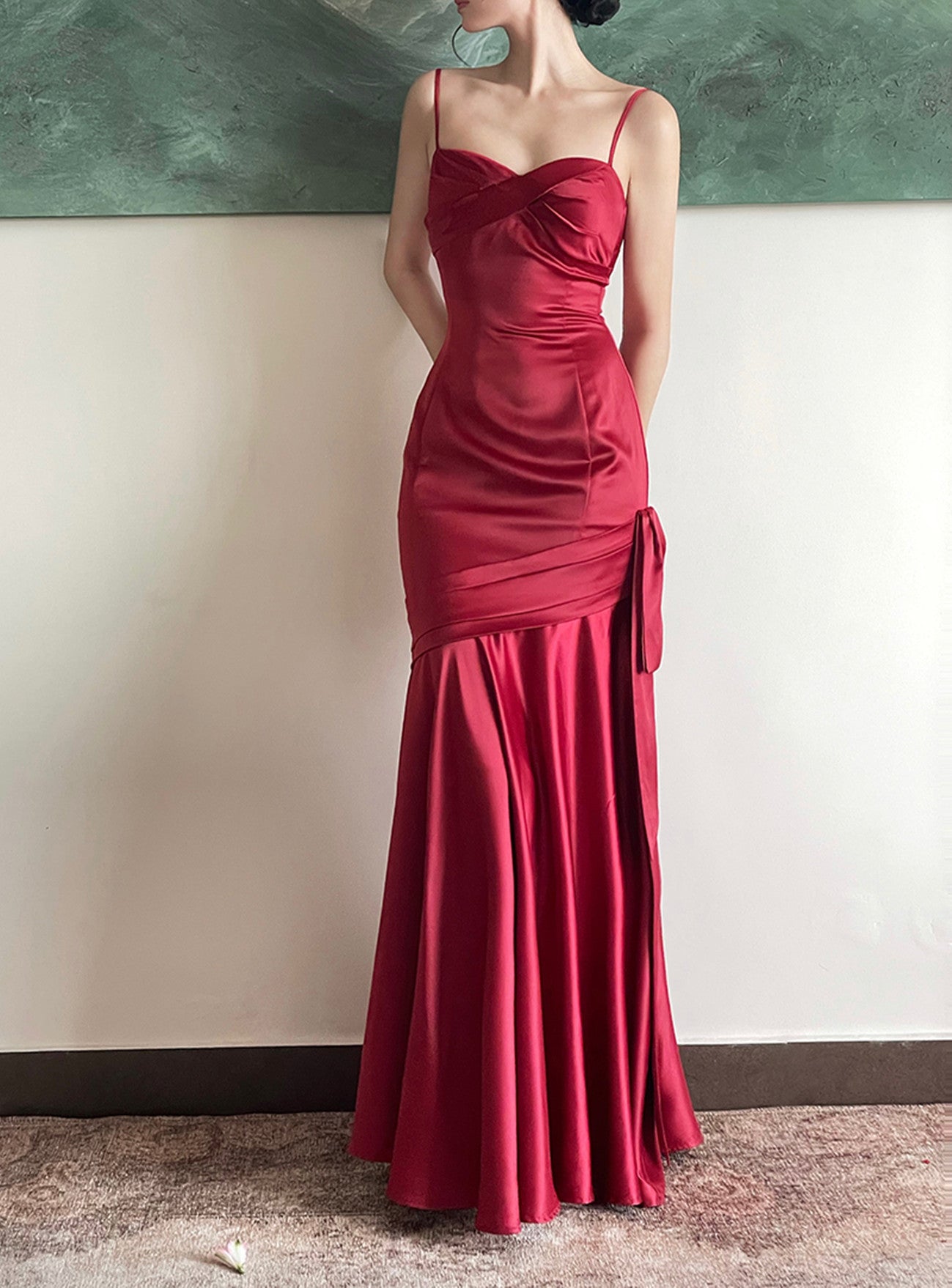 Beautiful Wine Red Satin Straps Long Evening Dress Prom Dress, Wine Red Party Dress