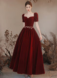 A-line Wine Red Short Sleeves Velvet Party Dress, Wine Red Long Prom Dress