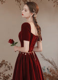 A-line Wine Red Short Sleeves Velvet Party Dress, Wine Red Long Prom Dress