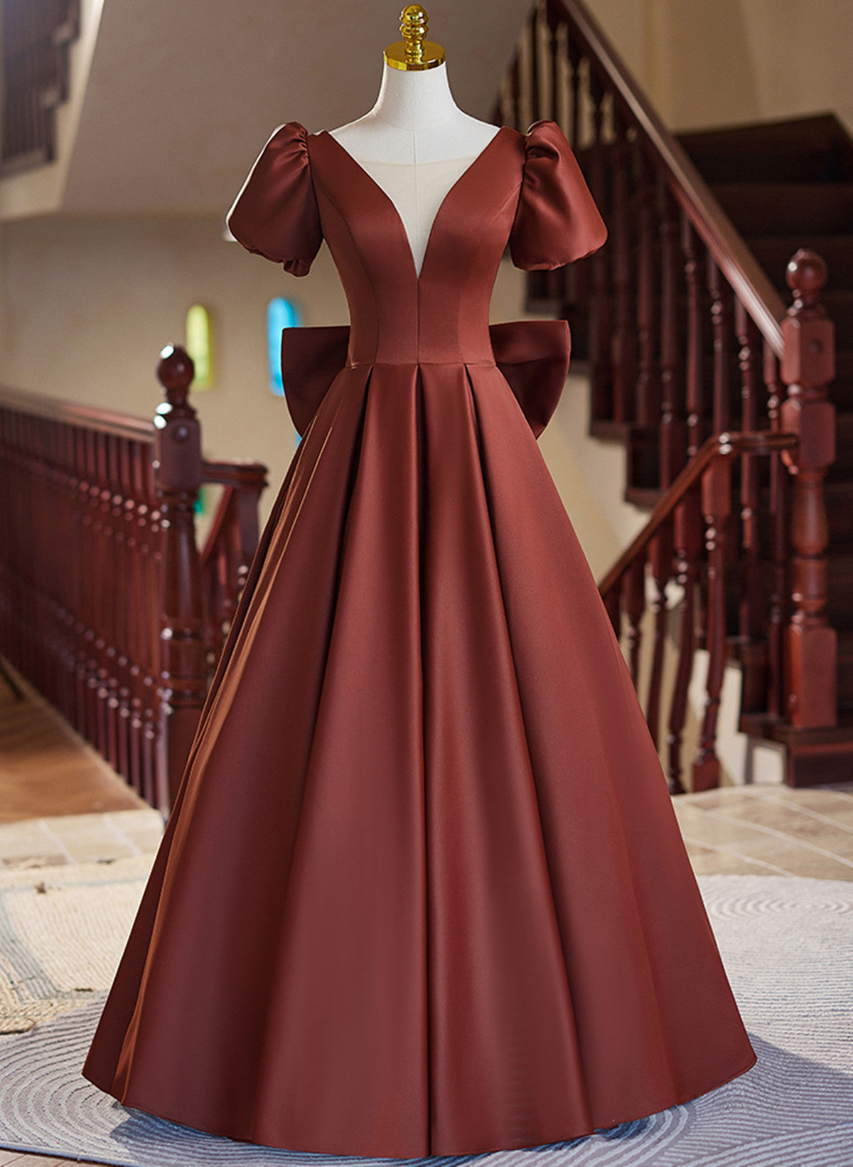 A-line Satin Short Sleeves Long Prom Dress, Satin Simple Evening Dress ...