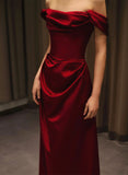 Wine Red Satin Off Shoulder Long Formal Gown, Wine Red Satin Prom Dress