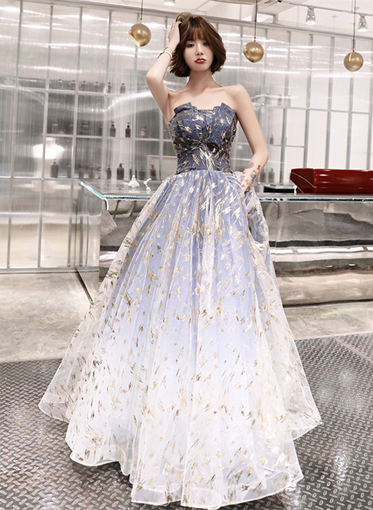 Blue Tulle Long Party Dress With Lace-Up, Blue Evening Dress Prom Dress Formal Dress