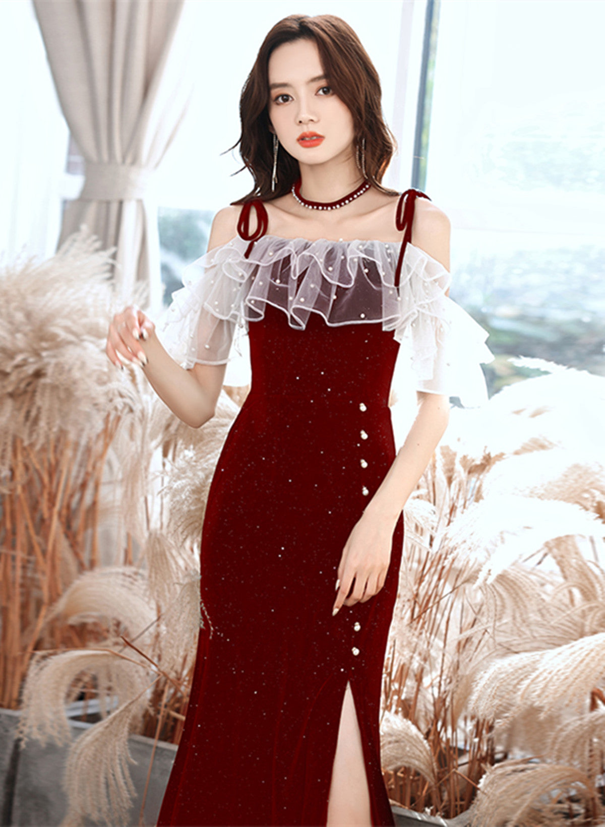 Dark Red Velvet Strapes Long Party Dress With Leg Slit, Dark Red Prom Dress