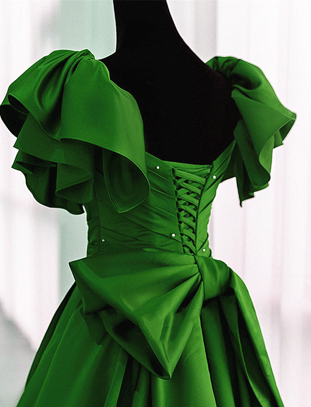 Green Satin Long Party Dress, A-line Green Prom Dress Evening Dress