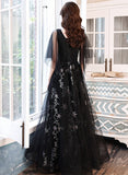 Black Puffy Sleeves Tulle Long Party Dress, A-line Black Prom Dress Evening Dress