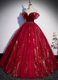 Wine Red Ball Gown Tulle Sweetheart Prom Dress, Wine Red Tulle Sweet 16 Dress