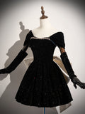 Cute Black Velvet A-Line Party Dress with Off-Shoulder Sleeves, Black Velvet Homecoming Dress