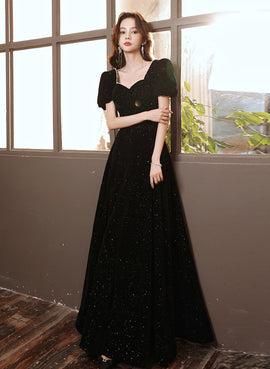 A-line black Velvet Simple Wedding Party Dress, Black Short Sleeves Prom Dress