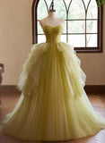 Green Sweetheart Straps Tulle Long Party Dress, Green Tulle Prom Dress