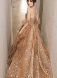 Champagne A-line Tulle Beaded Off Shoulder Prom Dress, Champagne Evening Dress