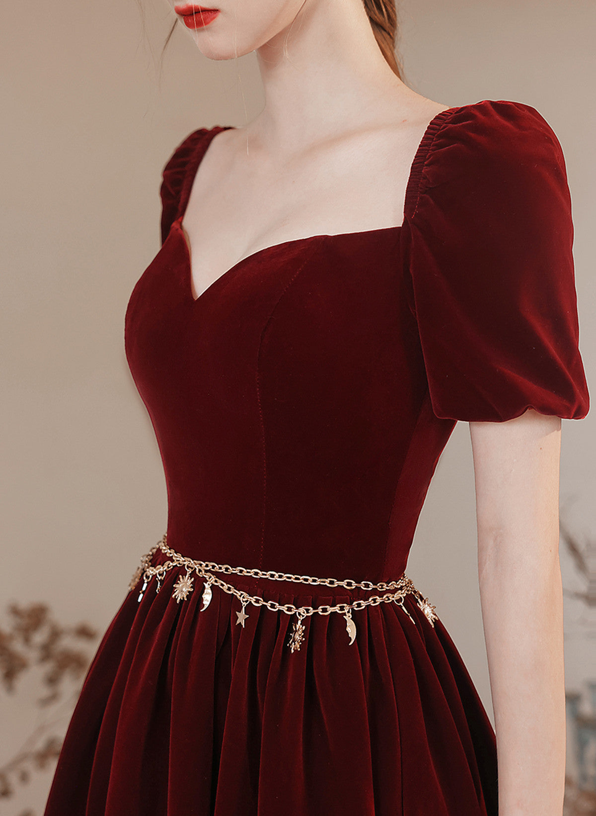 A-line Wine Red Short Sleeves Velvet Party Dress, Wine Red Long Prom Dress