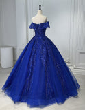 Blue Tulle Sweetheart Off Shoulder with Beadings Party Dress, Blue Tulle Formal Gown