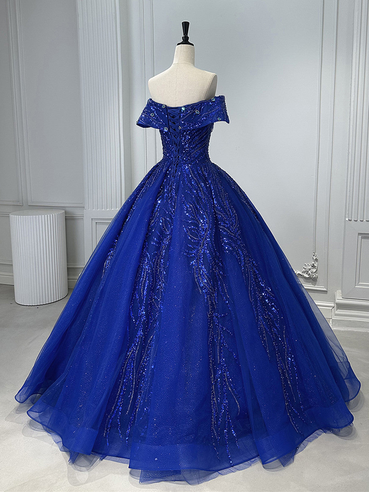 Blue Tulle Sweetheart Off Shoulder with Beadings Party Dress, Blue Tulle Formal Gown