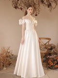 White Off Shoulder Satin Sweetheart Long Formal Dress, A-Line Satin White Prom Dress