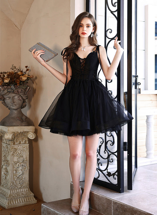 Black Tulle V-neckline Straps Knee Length Party Dress, Black Tulle Homecoming Dress