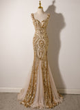 Champagne Mermaid Sequins Straps Evening Dress, Champagne Sequins Prom Dress