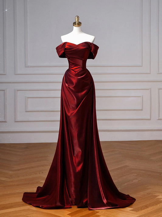 Wine Red Sweetheart Floor Length Party Dress, Off Shoulder Wine Red Satin Prom Dress