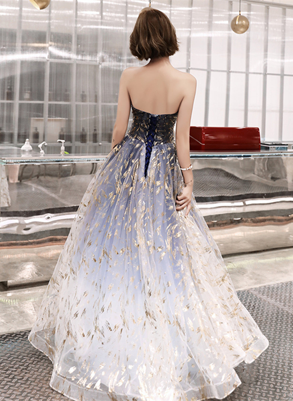 Blue Tulle Long Party Dress With Lace-Up, Blue Evening Dress Prom Dress Formal Dress