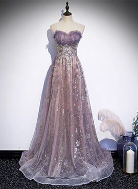 Light Purple Tulle with Lace A-line Party Dress, Purple Long Formal Dress Evening Dress