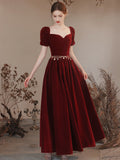 A-line Wine Red Short Sleeves Velvet Party Dress, Wine Red Long Prom Dress