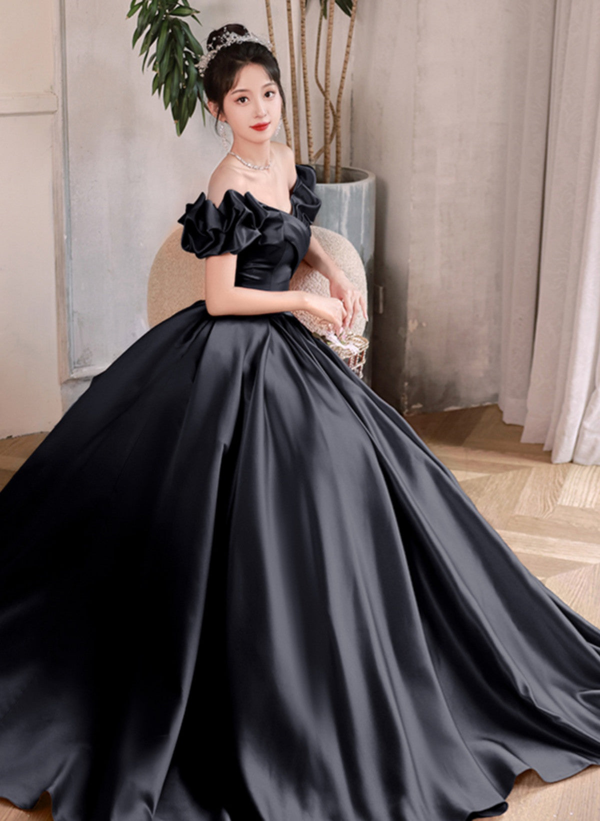 Black Satin Off Shoulder Long Formal Dress, Black Party Dress Evening Dress