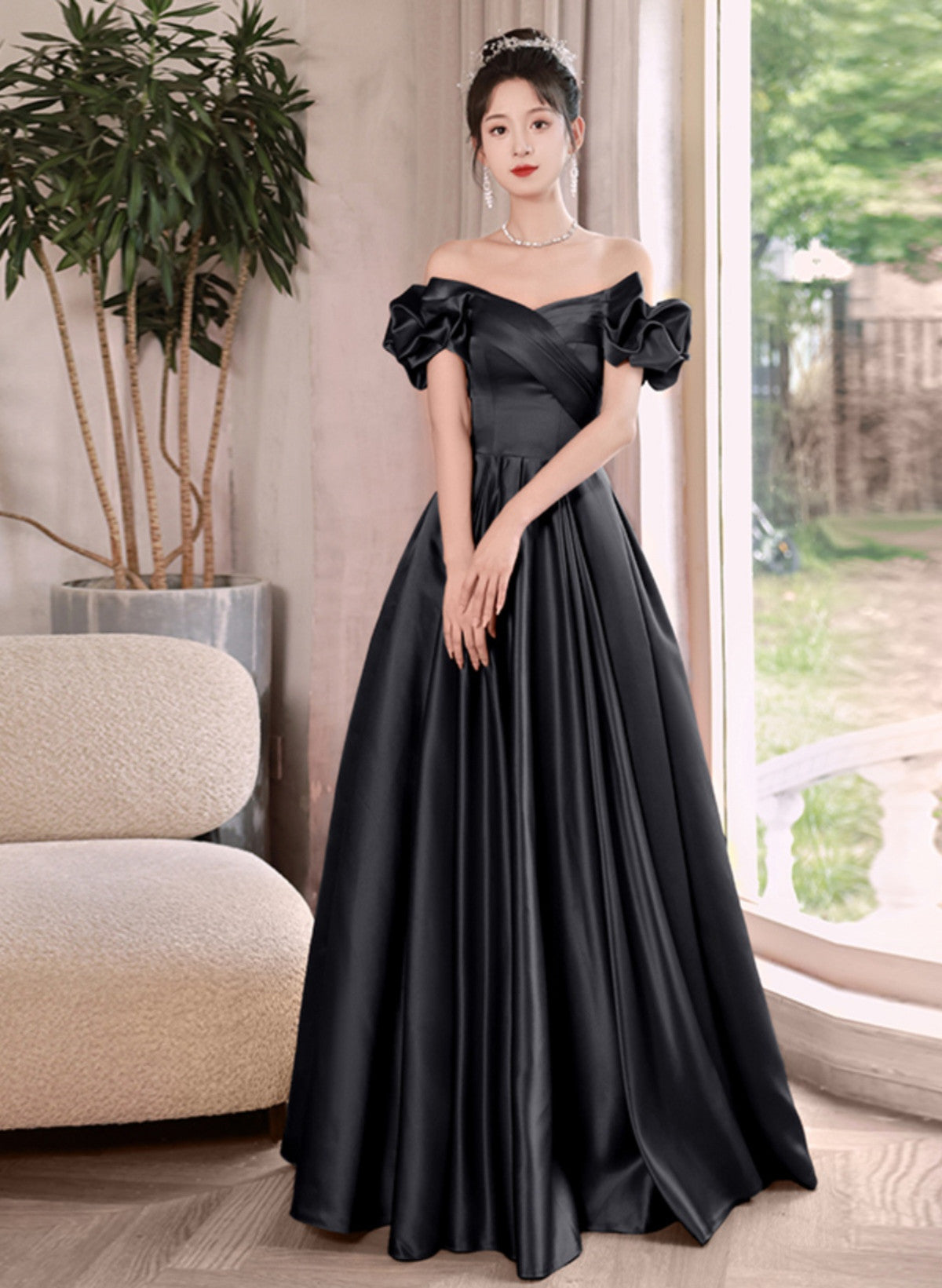 Black Satin Off Shoulder Long Formal Dress, Black Party Dress Evening Dress