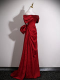 Wine Red Floral Satin Off Shoulder Prom Dress with Bow, Wine Red Satin Evening Dress