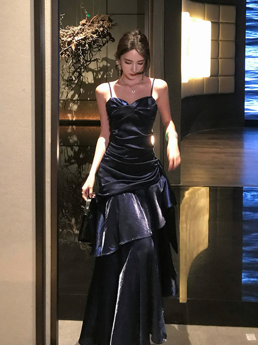 Navy Blue Satin Mermaid Straps Evening Dress, Navy Blue Long Prom Dress Evening Dress