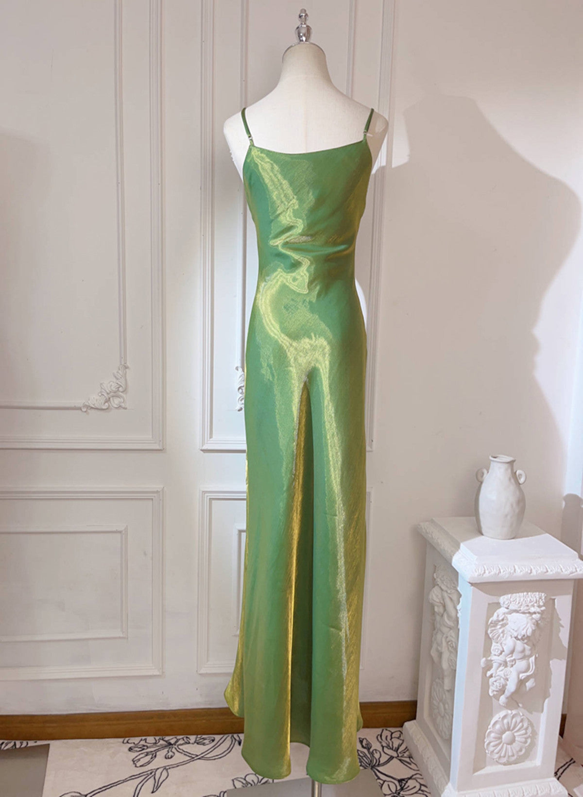 Lovely Green Straps Long Formal Dress, Green Satin Party Dress Evening Dress