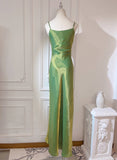 Lovely Green Straps Long Formal Dress, Green Satin Party Dress Evening Dress