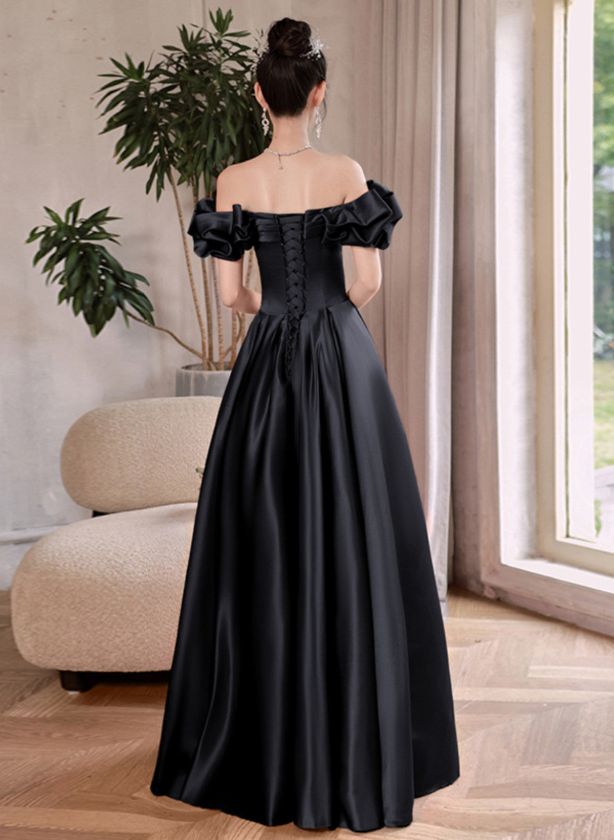 Black Satin Off Shoulder Long Formal Dress, Black Party Dress Evening Dress