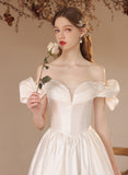 White Off Shoulder Satin Sweetheart Long Formal Dress, A-Line Satin White Prom Dress