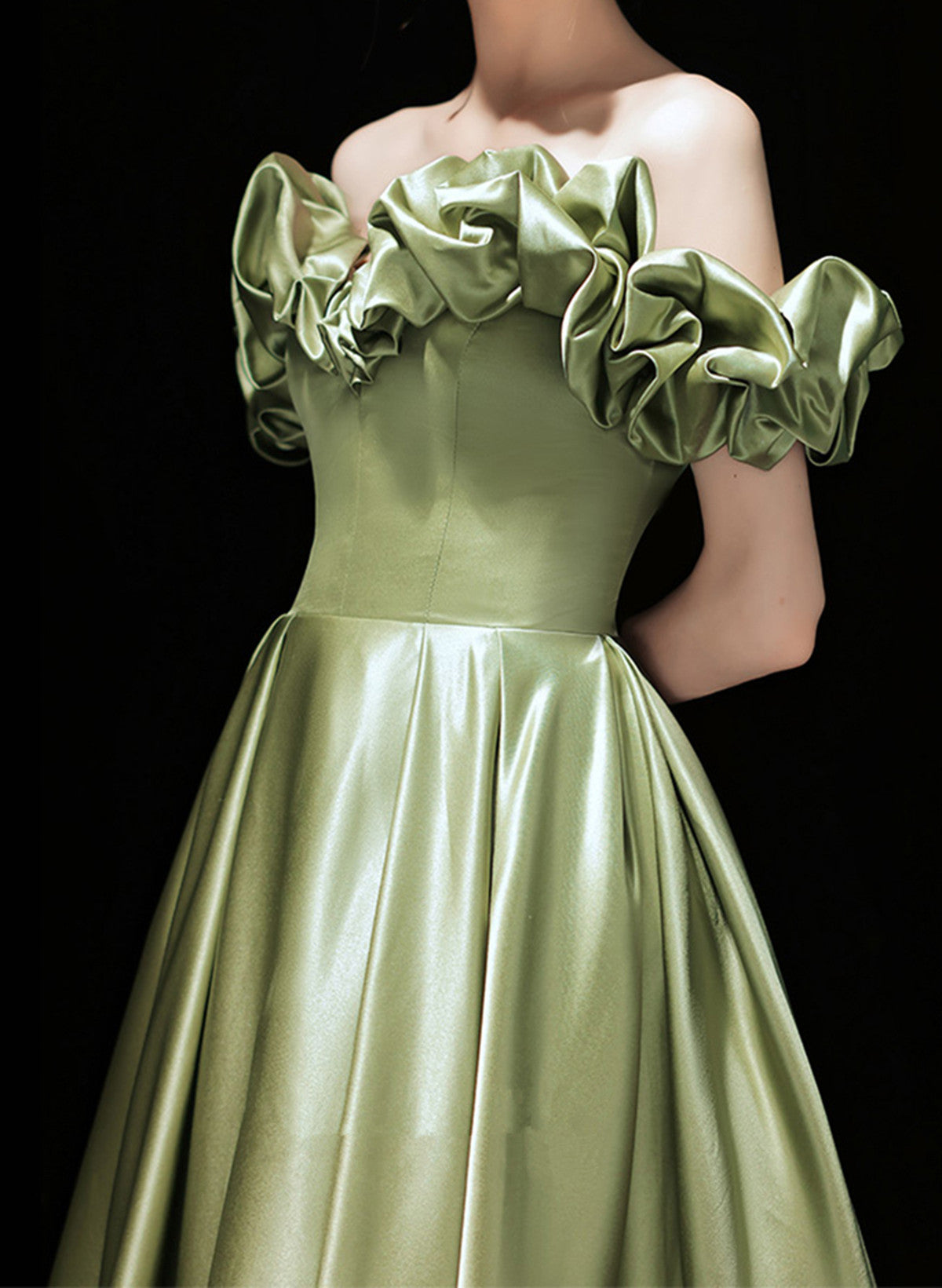 A-line Satin Off Shoulder Green Long Evening Dress, Green Formal Dress Prom Dress