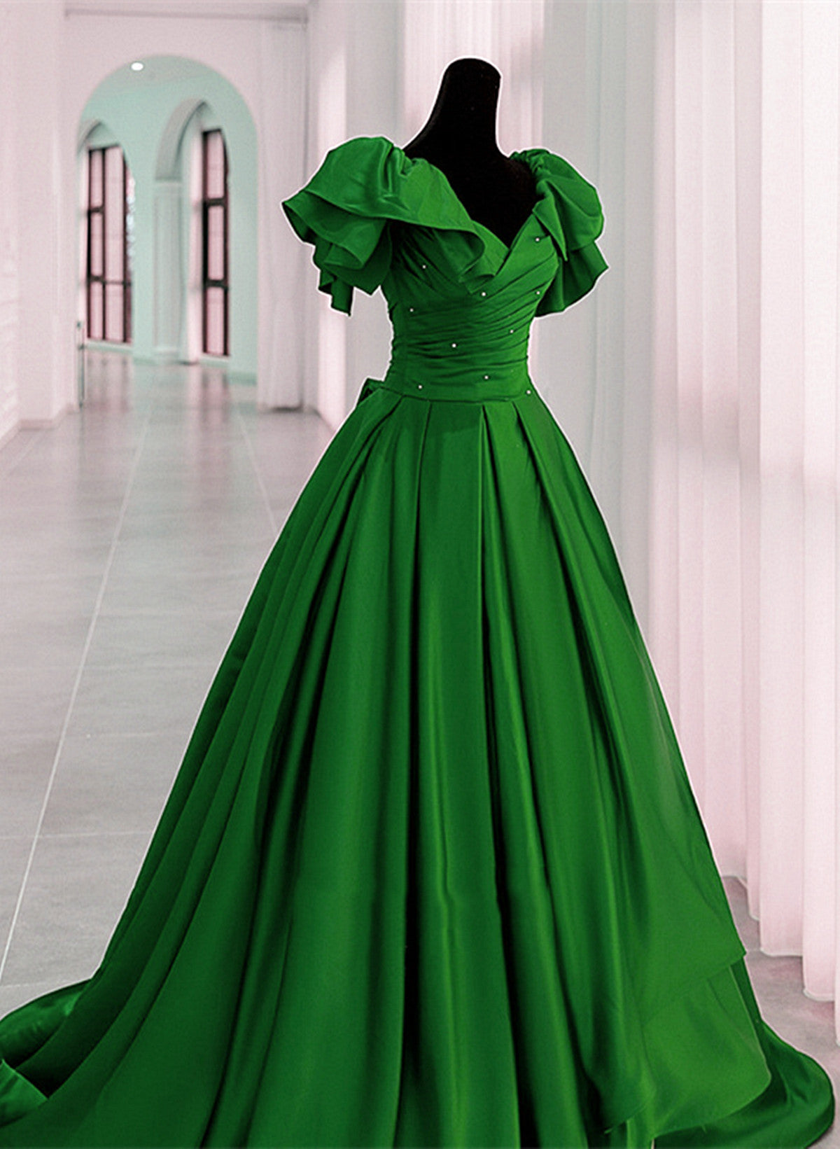 Green Satin Long Party Dress, A-line Green Prom Dress Evening Dress